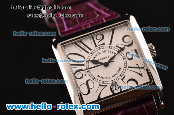 Franck Muller Master Square Swiss Quartz Steel Case with Numeral Markers White Dial and Purple Leather Strap - Click Image to Close